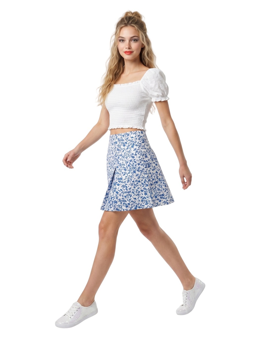DVF Blue and white Dainty print mini skirt front kick pleat contour waist Aline - Picture 13 of 14